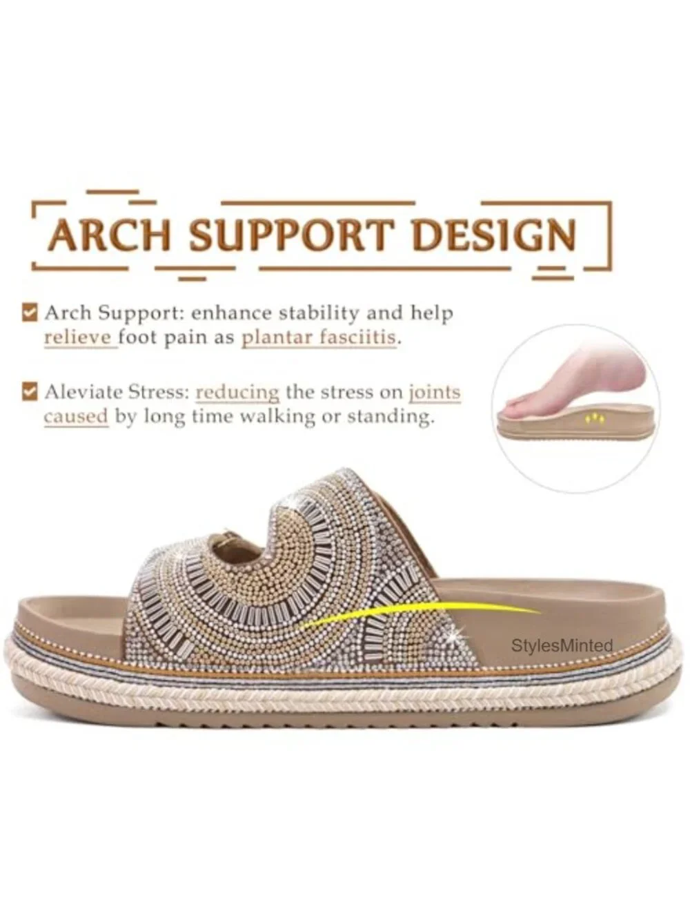 Womens Bling Sandals with Arch Support Orthopedic Rhinestones Slides Non-Slip
